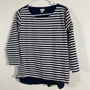 J.Crew Striped Mixed Media Top Womens Medium Navy Blue C2304 3/4 Sleeve